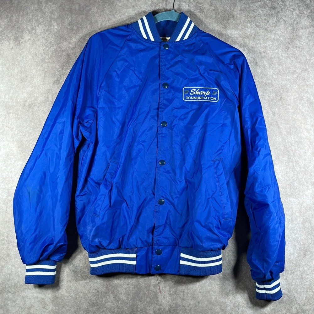Vintage Sharp Communication‎ Bomber Jacket Mens M Blue Nylon Snap Front Lined